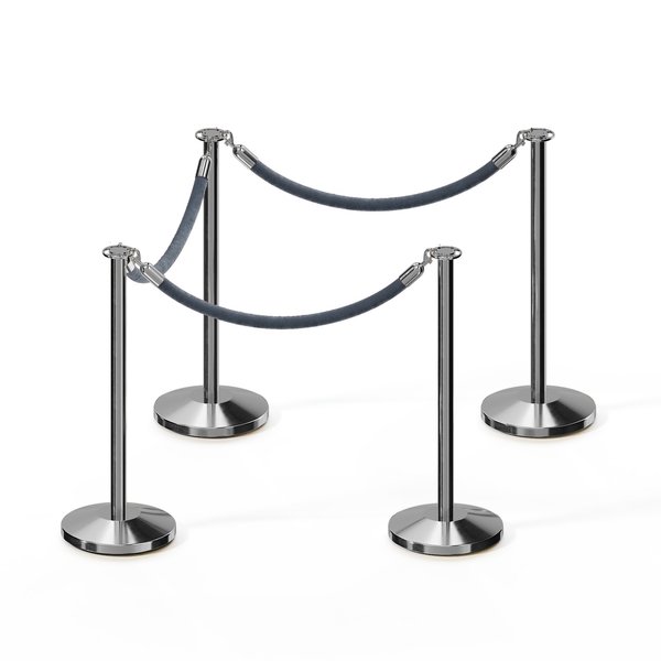 Montour Line Stanchion Post and Rope Kit Pol.Steel, 4 Flat Top 3 Gray Rope C-Kit-4-PS-FL-3-PVR-GY-PS